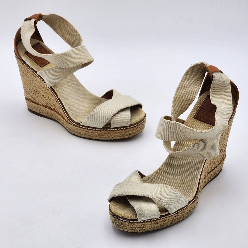 Tory Burch Adonis Espadrille Wedge Platform Heel Sandals Ivory Natural Size 9